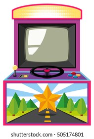 Arcade game box con ilustración de pantalla y rueda