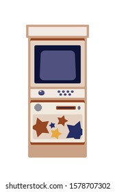 Arcade game cabinet flat vector illustration. Traditional automatic game machine. Vintage entertainment equipment isolated on white background. Retro amusement device with control panel.