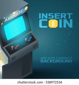 Arcade Game Cabinet with Glowing Screen. Isometric Vector Background