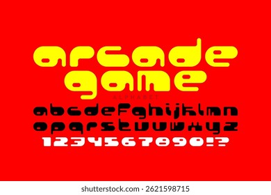 Arcade game font, alphabet letters and numbers vector illustration
