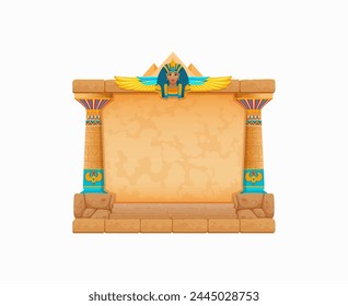 Arcade-Spielrahmen, altes Ägypten. Klassische ägyptische Steinmauer. Cartoon Vektorgrafik Textur, vergangene Zivilisation Konstruktion mit Säulen und Gottheit oder Pharao Monument. Historisches Quiz, Puzzle-Spiel-GUI-Asset