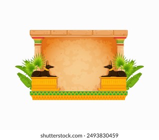 Arcade marco de juego, antiguo Egipto. Muro de piedra egipcio de Antiguas. Vector de dibujos animados concurso histórico, gui puzzle activo. Fondo de la construcción de la civilización pasada con monumentos de la deidad Anubis y hojas de palma