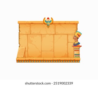 Arcade game frame, ancient Egypt or vintage Egyptian stone wall and papyrus, vector GUI interface. Egypt adventure arcade game stone wall for level menu buttons background with scarab and Nefertiti