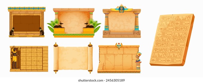 Arcade game frames, ancient Egypt. Vintage Egyptian stone wall and papyrus. Cartoon vector rock textures, gods and hieroglyphs. Set of gui or ui elements for antique civilization quiz or puzzle game