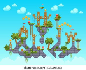 Arcade game level background with location in sky. Stone platforms with grass and palm trees, wooden castles, collecting gold coins and hearts. Vector illustration with interface design elements