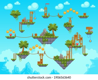 Arcade game level background with platforms in sky. Location with ground or stone stages with palm trees, wooden buildings, golden coins and hearts. Vector illustration with interface design elements