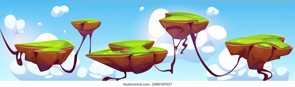 Arcade game level landscape with flying island platform for jump. Cartoon vector floating ground pieces with green grass on top an roots, blue sky with clouds. Mobile videogame adventure scene.