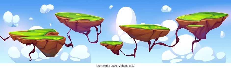 Arcade game level landscape with flying island platform for jump. Cartoon vector floating ground pieces with green grass on top an roots, blue sky with clouds. Mobile videogame adventure scene.