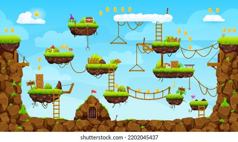 Arcade game level map intefrace. Platform, stairs, coins, bonus and quest icons. Vector landscape with floating ground islands with grass, ropes and ladders. Video game background, adventure world