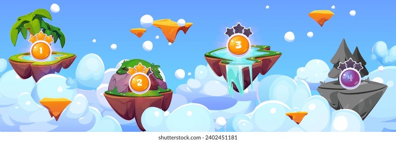 Arcade game levels map with floating islands on sky background. Vector cartoon illustration of flying land with palm tree, cave, river and waterfall, fir tree forest landscape, score stars, ui design