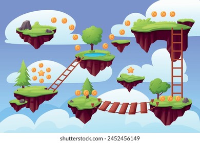 Arcade game location. Level map with floating grounds, golden coins, bridge and stairs. Step by step jumping level, cartoon nowaday vector landscape