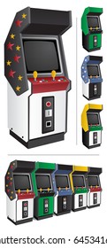 Arcade game machine in 4 different color versions. Place the name of the game or other text in the blank space above the screen. 