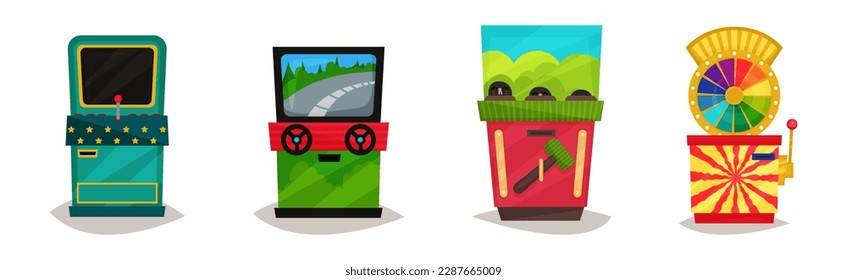 Arcade Game Machine and Amusement Equipment Vector Set