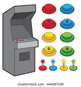 Arcade Game Machine And Button. Retro Flat And Outline. EPS10 Graphic Format