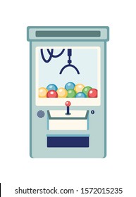 Arcade game machine flat vector illustration. Claw machine with colorful balls toys isolated on white background. Device for kids entertainment. Amusement for children, winning prize.