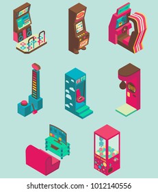 Arcade game machine icon set. Vector isometric illustration of casino slot machine, virtual reality, claw crane, boxing, racing, dancing, dynamometer machines.
