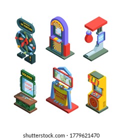 Arcade game machine isometric trainers set. Gaming machine devices for checking strength good luck with fixtures joysticks and screen colorful retro electronic consoles stationary. Vector isometric.