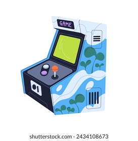 Máquina de juego de arcade con joystick, botones y ranura. Gabinete de juego, consola de juego con pantalla y controlador. Aparato de entretenimiento, dispositivo. Ilustración vectorial plana aislada sobre fondo blanco