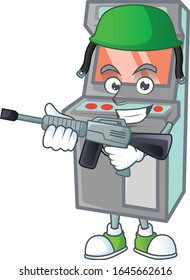 Diseño de una máquina de juegos en arco con uniforme del ejército con ametralladora