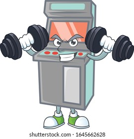 Arcade game machine mascot icon on fitness exercise trying barbells