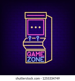 Arcade game machine neon sign. Game Zone night light signboard with retro slot machine. Gaming advertising neon banner. Vector illustration.