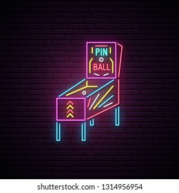 Arcade Game Machine Neon Sign. Advertising Design. Pin Ball Machine Emblem. Night Light Signboard. Vector Illustration. 