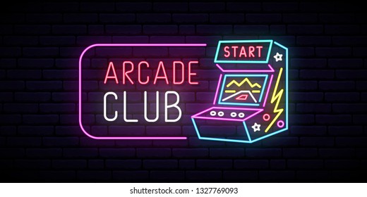 Arcade game machine neon sign. Arcade club emblem. Advertising design. Night light signboard. Vector illustration. 