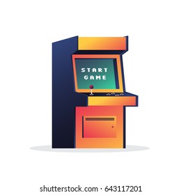 Arcade game machine. Retro video game. Message on the screen start game. Vector illustration on white background