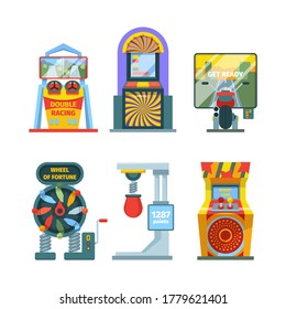 Arcade game machine set. Retro gaming machine with joysticks and screen colorful electronic entertainment consoles stationary devices for checking strength good luck. Gambling vector.