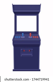 Arcade game machine template. Retro blue console with blank screen template two joysticks control buttons and panel for tokens, computer vector old school nostalgia.