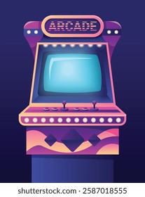 Arcade game machines isolated on black background. Vector cartoon illustration of retro computer gaming cabinet with buttons, joystick console, coin slots, menu options text on neon display