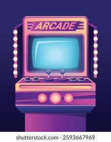 Arcade game machines isolated on black background. Vector cartoon illustration of retro computer gaming cabinet with buttons, joystick console, coin slots, menu options text on neon display