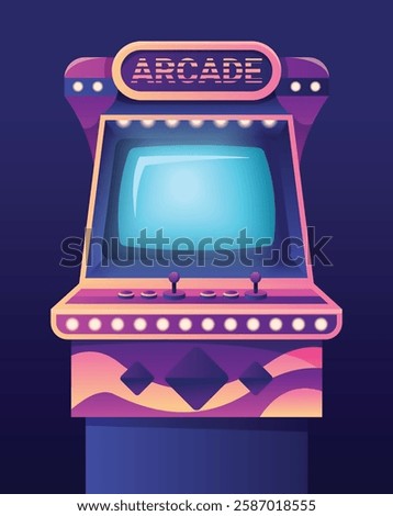 Arcade game machines isolated on black background. Vector cartoon illustration of retro computer gaming cabinet with buttons, joystick console, coin slots, menu options text on neon display