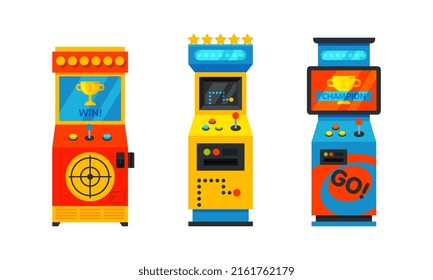 Máquinas de juegos de arcade, máquinas de videojuegos caricatura ilustración vectorial