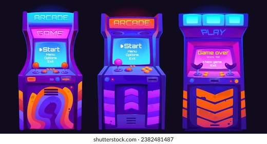 Arcade game machines set isolated on black background. Vector cartoon illustration of retro computer gaming cabinet with buttons, joystick console, coin slots, menu options text on neon display
