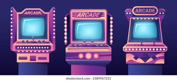 Arcade game machines set isolated on black background. Vector cartoon illustration of retro computer gaming cabinet with buttons, joystick console, coin slots, menu options text on neon display