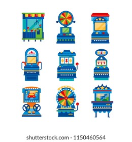 Arcade game machines set, retro casino slot gaming computer machinery vector Illustrations on a white background
