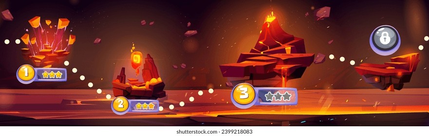 Arcade game map with floating volcanic islands. Vector cartoon illustration of prehistoric landscape with volcano eruption, lava and magma flow in stone cracks, level score and lock icons, gui design