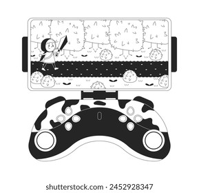 Juego de arcade en el teléfono inteligente gamepad blanco y negro 2D línea de dibujos animados objeto. Joystick de juego de teléfono móvil elemento de contorno de Vector aislado. Aventura videojuego espada caballero monocromática ilustración de punto plano