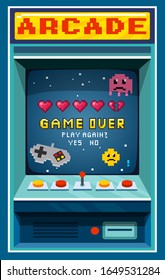 Arcade Game Over In Retro Style Pixel Art Vector Illustration. Slot Machine Screen With Lives And Phrase Play Again Flat Style Design. Entertainment And Fun Machine Concept