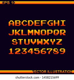 Arcade game pixel alphabet font and numbers.Pixel alphabet.Vector Illustration.Dark purple background.