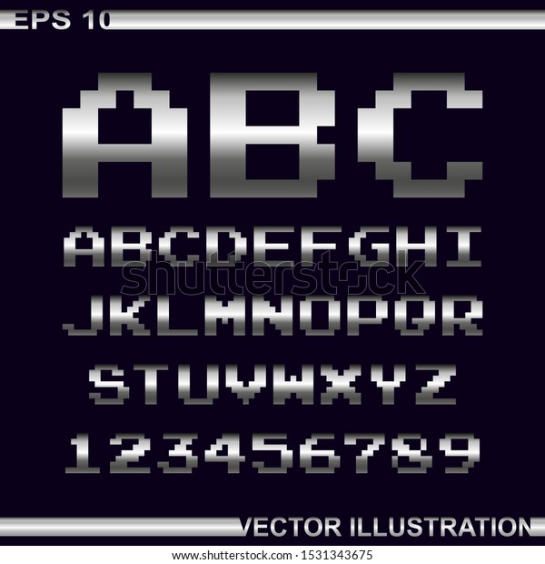 アーケードゲームのピクセルアルファベットのフォントと数字 文字のスタイルは金属で スタイルは違います ピクセルアルファベット ベクターイラスト 黒の背景 のベクター画像素材 ロイヤリティフリー