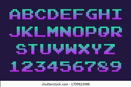 Arcade game pixel alphabet stereoscopic font and numbers.Stereo alphabet.Vector Illustration.Dark purple space background.