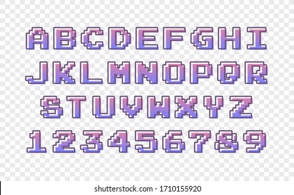 Arcade game pixel alphabet stereoscopic font and numbers.Stereo alphabet.Vector Illustration.Transparent background.