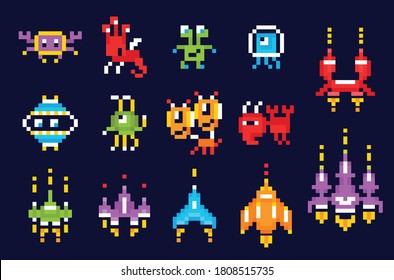 Arcade game pixel art set of isolated icons and images of 8bit style spacecrafts and monsters vector illustration