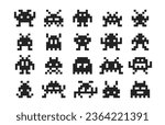 Arcade game pixel monsters characters. Retro video game vector silhouettes of aliens, space invaders, robots, zombies and viruses personages. 8 bit pixel art monsters with antennas and tentacles