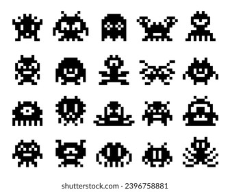 Arcade game pixel monsters characters. 8 bit retro pixel art game asset. PC game alien, 8bit arcade square pixel creature or retro gaming electronic robot vector icon, old videogame cubic monsters set