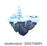 Arcade game platform with ice and snow, winter level game asset. Vector floating ui island with snowy rocks, icicles and spruce tree. Location map interface for mobile game fantasy arctic adventure