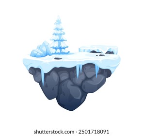 Arcade game platform with ice and snow, winter level game asset. Vector floating ui island with snowy rocks, icicles and spruce tree. Location map interface for mobile game fantasy arctic adventure