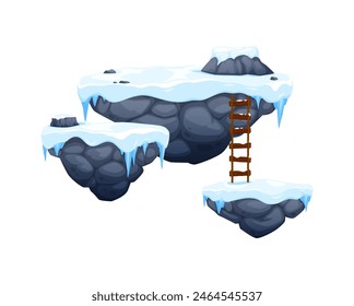 Arcade game platforms with ice and snow, winter level game asset, vector UI. Cartoon snowy rock platforms or stone floating islands with wood ladder and icicles, 2d arcade videogame winter map element